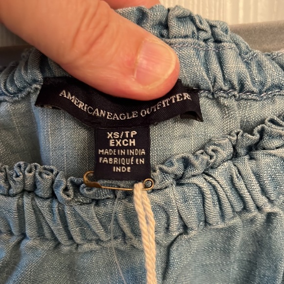 American Eagle Blue White Denim Romper Embroidered Cold Shoulder Poly XS - Picture 11 of 13